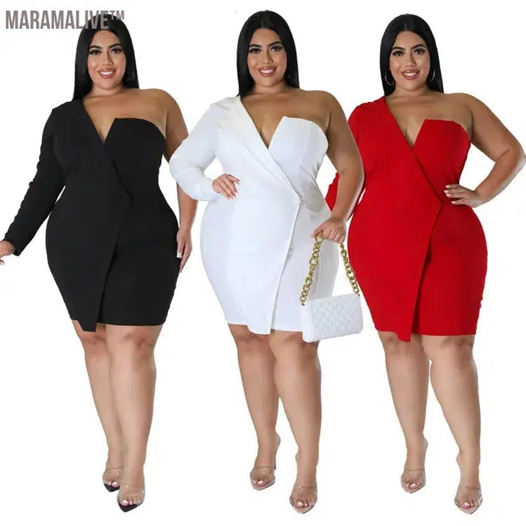 Plus Size Dresses Women Single Long Sleeve V Neck Solid Sexy Mini Suit Dress Party Dresses