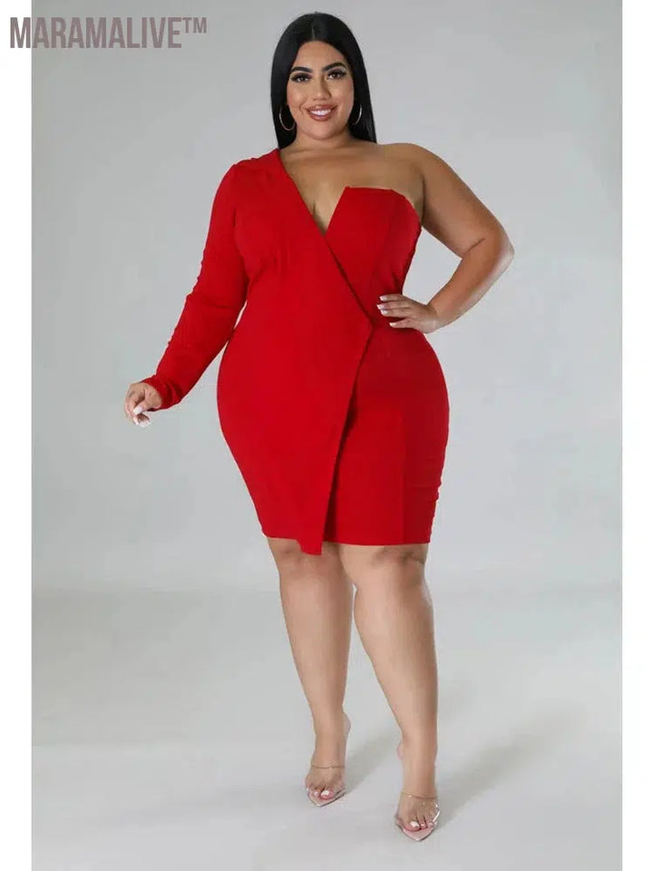 Plus Size Dresses Women Single Long Sleeve V Neck Solid Sexy Mini Suit Dress Party Dresses