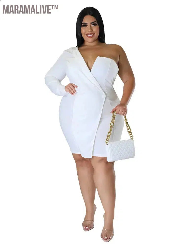 Plus Size Dresses Women Single Long Sleeve V Neck Solid Sexy Mini Suit Dress Party Dresses