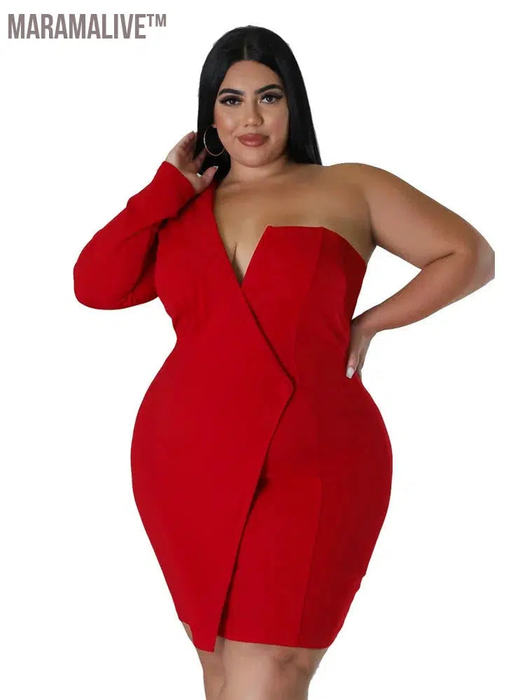 Plus Size Dresses Women Single Long Sleeve V Neck Solid Sexy Mini Suit Dress Party Dresses