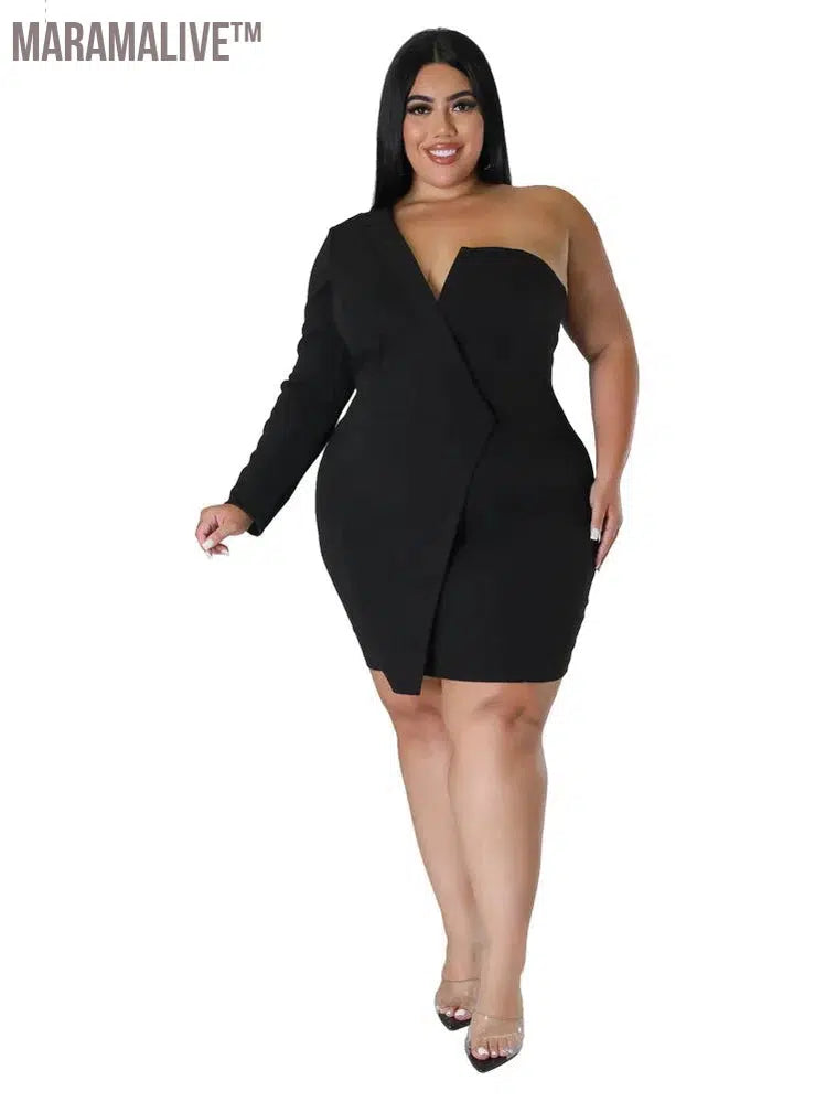 Plus Size Dresses Women Single Long Sleeve V Neck Solid Sexy Mini Suit Dress Party Dresses