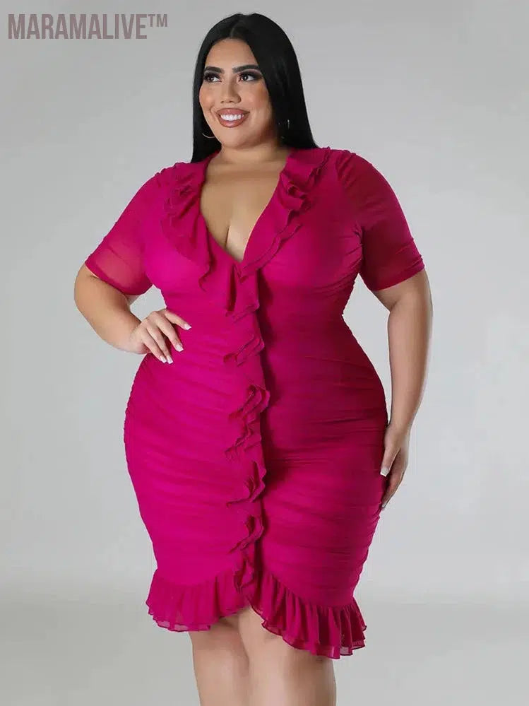 Plus Size Dresses for Women Draped V Neck Bodycon Elegant Solid Midi Dress New In Summer Clothes