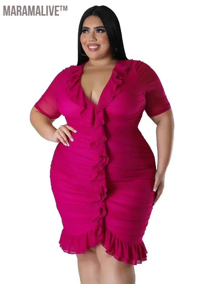 Plus Size Dresses for Women Draped V Neck Bodycon Elegant Solid Midi Dress New In Summer Clothes