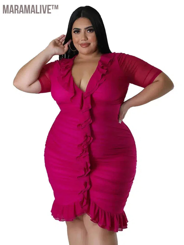 Plus Size Dresses for Women Draped V Neck Bodycon Elegant Solid Midi Dress New In Summer Clothes