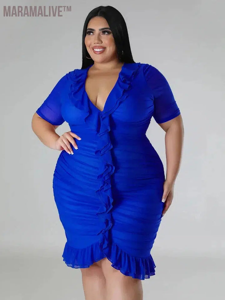 Plus Size Dresses for Women Draped V Neck Bodycon Elegant Solid Midi Dress New In Summer Clothes