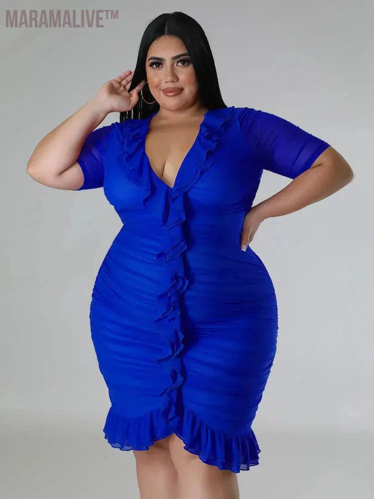 Plus Size Dresses for Women Draped V Neck Bodycon Elegant Solid Midi Dress New In Summer Clothes