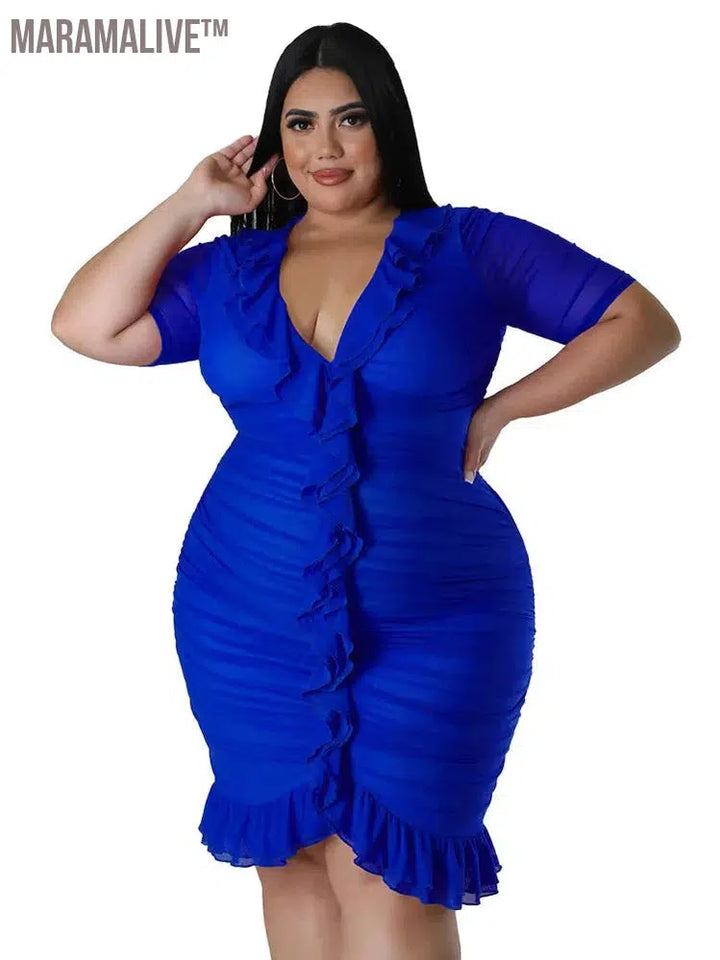 Plus Size Dresses for Women Draped V Neck Bodycon Elegant Solid Midi Dress New In Summer Clothes