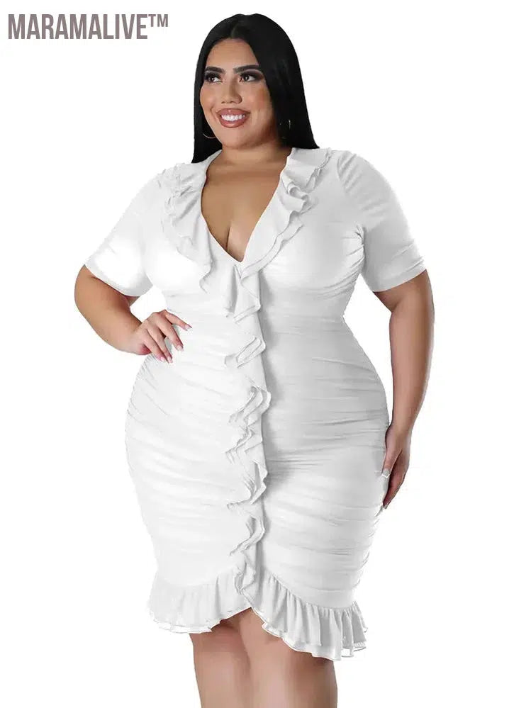 Plus Size Dresses for Women Draped V Neck Bodycon Elegant Solid Midi Dress New In Summer Clothes