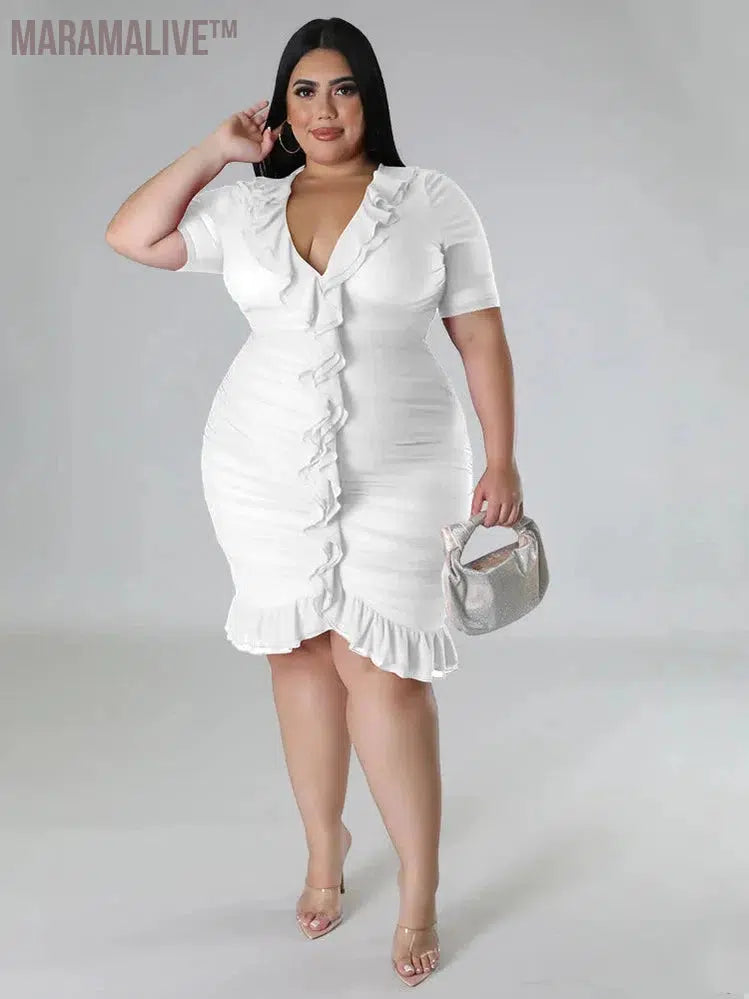 Plus Size Dresses for Women Draped V Neck Bodycon Elegant Solid Midi Dress New In Summer Clothes