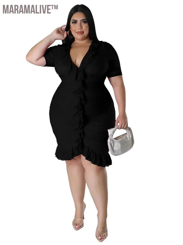 Plus Size Dresses for Women Draped V Neck Bodycon Elegant Solid Midi Dress New In Summer Clothes