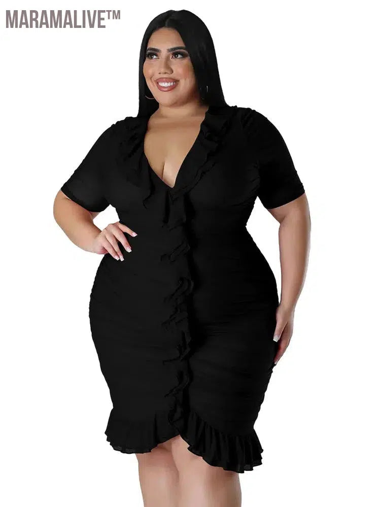 Plus Size Dresses for Women Draped V Neck Bodycon Elegant Solid Midi Dress New In Summer Clothes