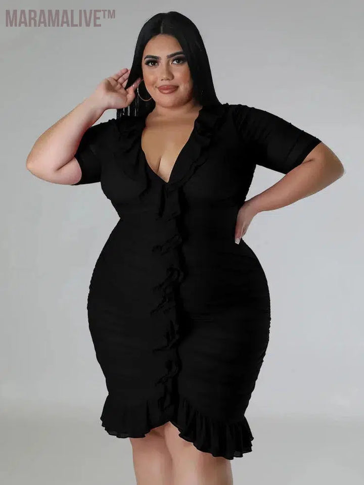 Plus Size Dresses for Women Draped V Neck Bodycon Elegant Solid Midi Dress New In Summer Clothes