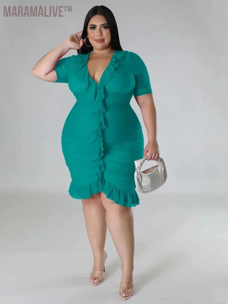 Plus Size Dresses for Women Draped V Neck Bodycon Elegant Solid Midi Dress New In Summer Clothes