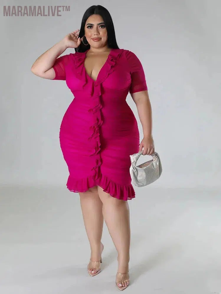 Plus Size Dresses for Women Draped V Neck Bodycon Elegant Solid Midi Dress New In Summer Clothes