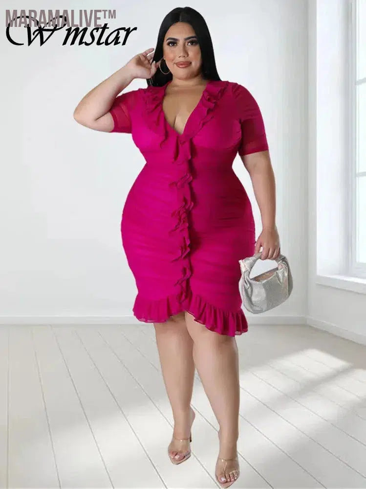 Plus Size Dresses for Women Draped V Neck Bodycon Elegant Solid Midi Dress New In Summer Clothes