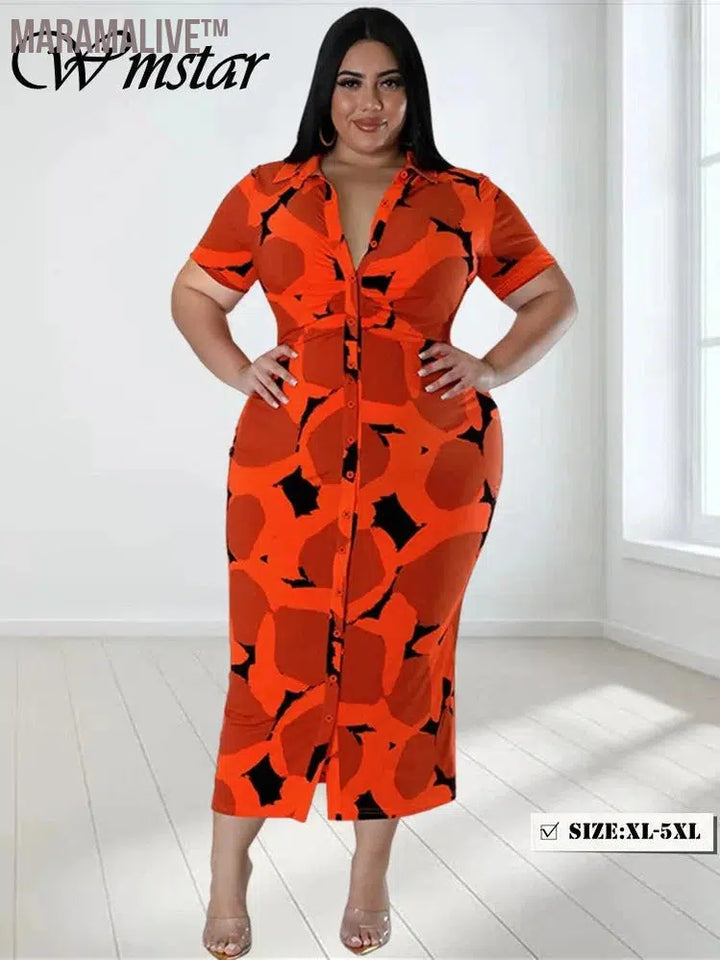 Plus Size Dresses for Women Printed Elegant Button Maxi Shirts Dress New in Summer Clothes