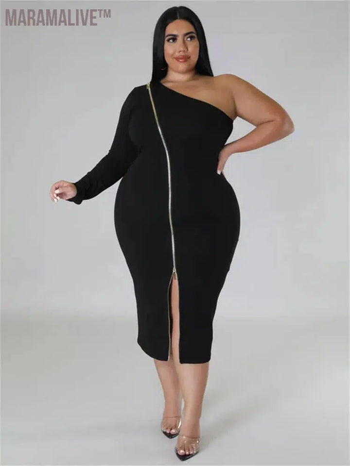 Plus Size Dresses for Women Single Sleeve Elegant Solid Sexy Zipper Maxi Dress New Summer Clothes