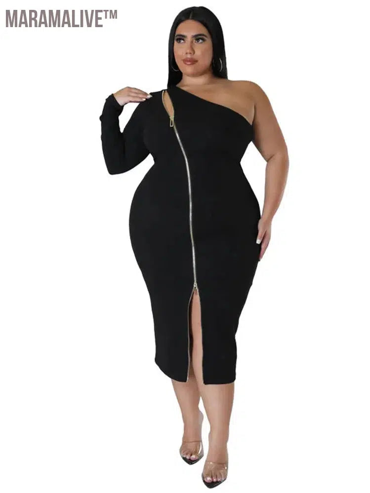 Plus Size Dresses for Women Single Sleeve Elegant Solid Sexy Zipper Maxi Dress New Summer Clothes