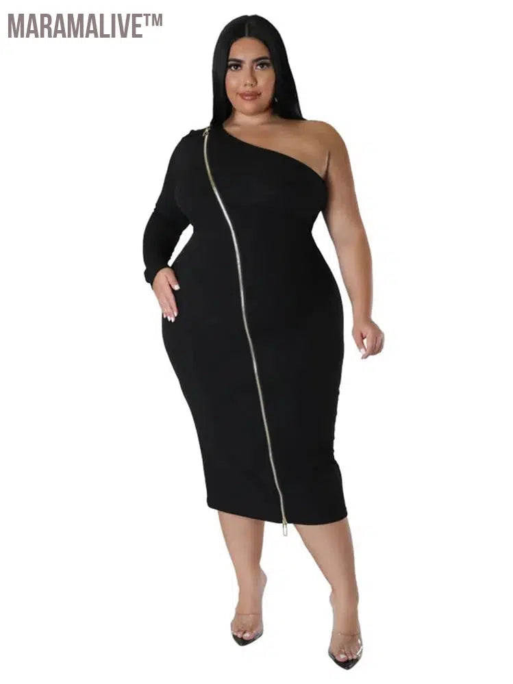 Plus Size Dresses for Women Single Sleeve Elegant Solid Sexy Zipper Maxi Dress New Summer Clothes