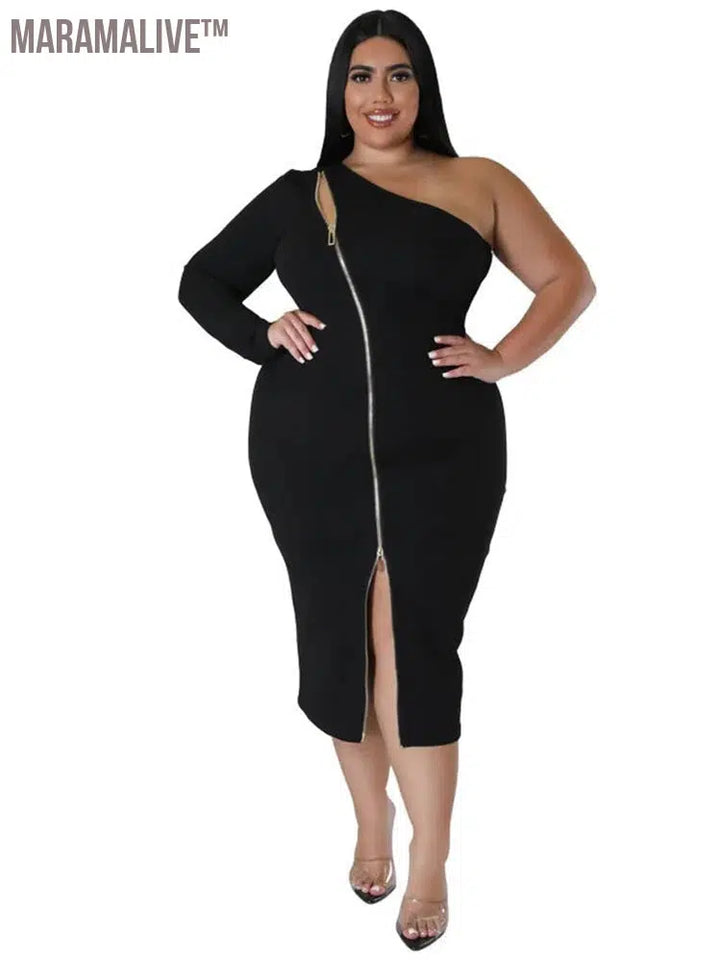 Plus Size Dresses for Women Single Sleeve Elegant Solid Sexy Zipper Maxi Dress New Summer Clothes