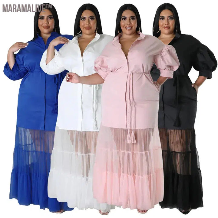 Plus Size Dresses for Women Solid Loose Mesh Patchwork New in Fall Big Hem Maxi Shirts Dress