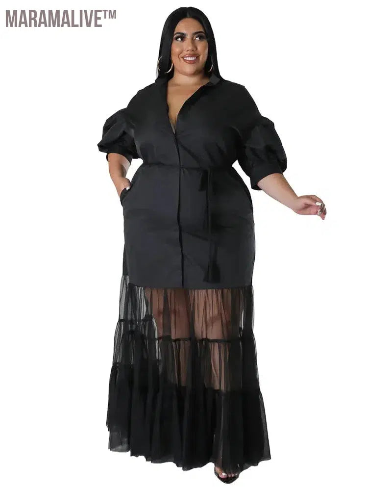 Plus Size Dresses for Women Solid Loose Mesh Patchwork New in Fall Big Hem Maxi Shirts Dress