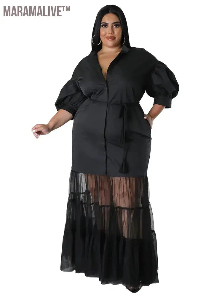 Plus Size Dresses for Women Solid Loose Mesh Patchwork New in Fall Big Hem Maxi Shirts Dress