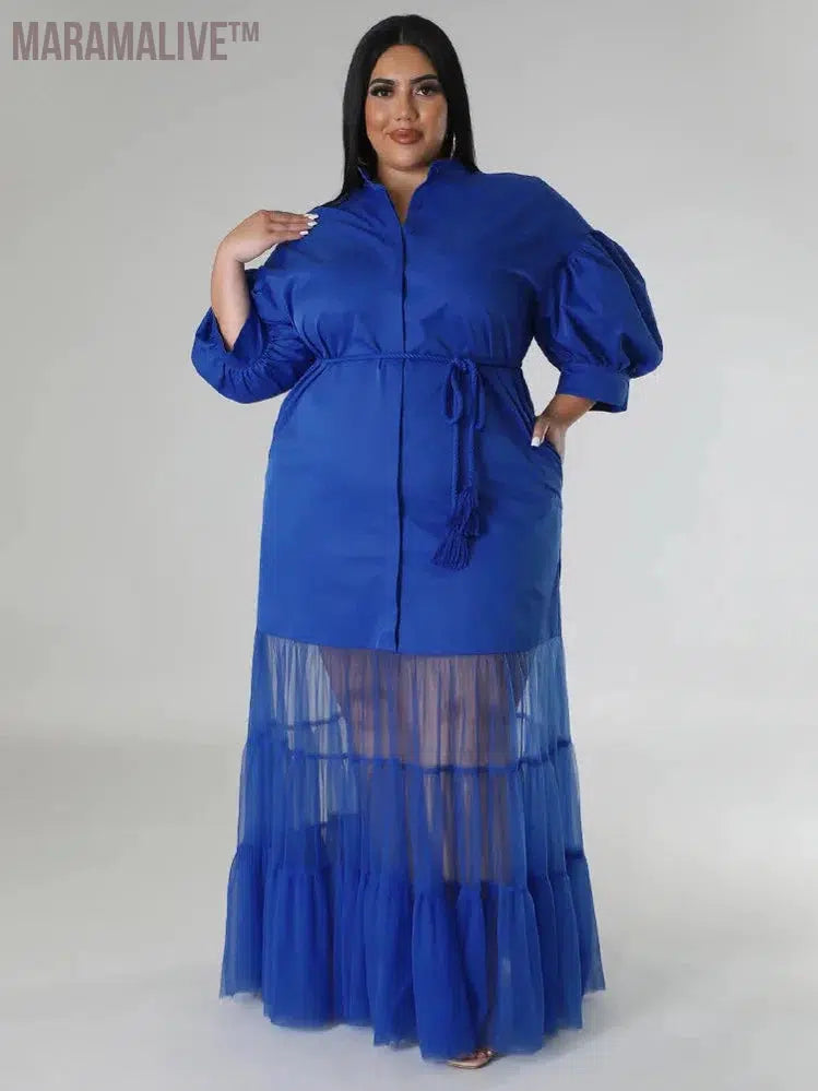 Plus Size Dresses for Women Solid Loose Mesh Patchwork New in Fall Big Hem Maxi Shirts Dress