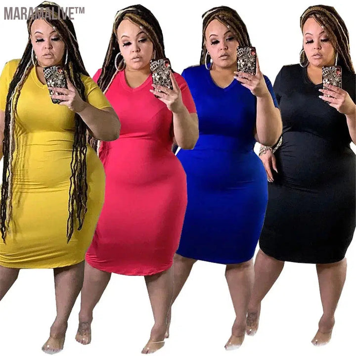 Plus Size Dresses for Women Summer Solid V Neck Bodycon Stretch Casual Sweet Elegant Midi Dress