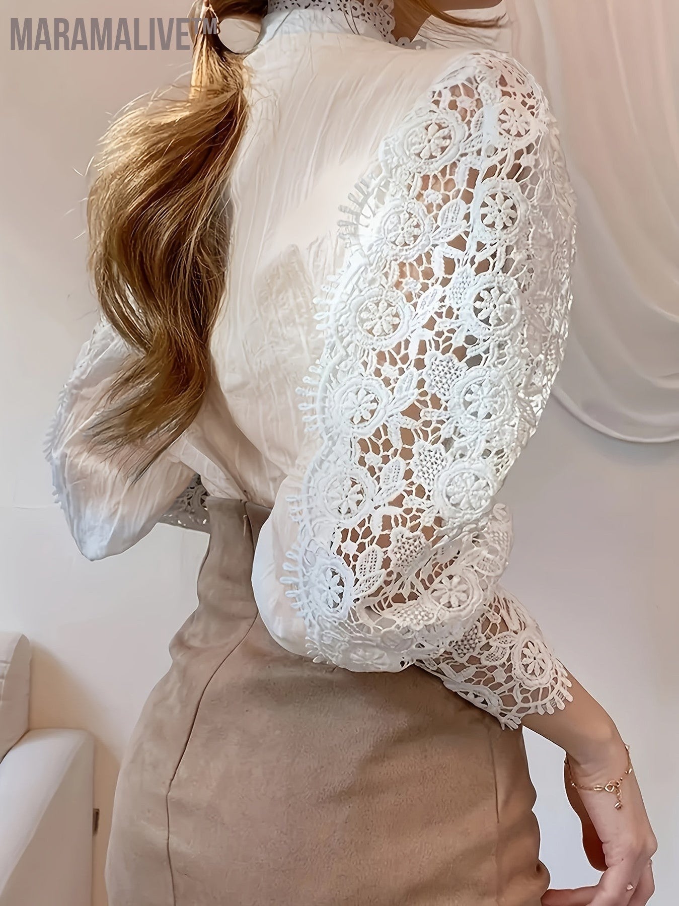 Plus Size Elegant Blouse, Women's Plus Solid Contrast Lace Lantern Sleeve Button Up Mock Neck Shirt Top