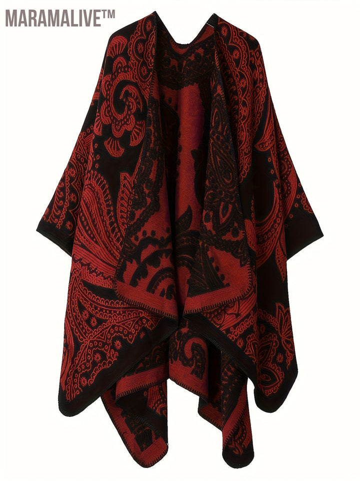 Plus Size Ethnic Style Coat, Women's Plus Tribal Print Batwing Sleeve Open Front Waterfall Collar Shawl Cape Coat