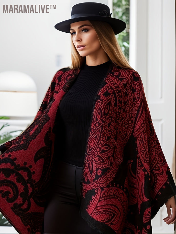 Plus Size Ethnic Style Coat, Women's Plus Tribal Print Batwing Sleeve Open Front Waterfall Collar Shawl Cape Coat