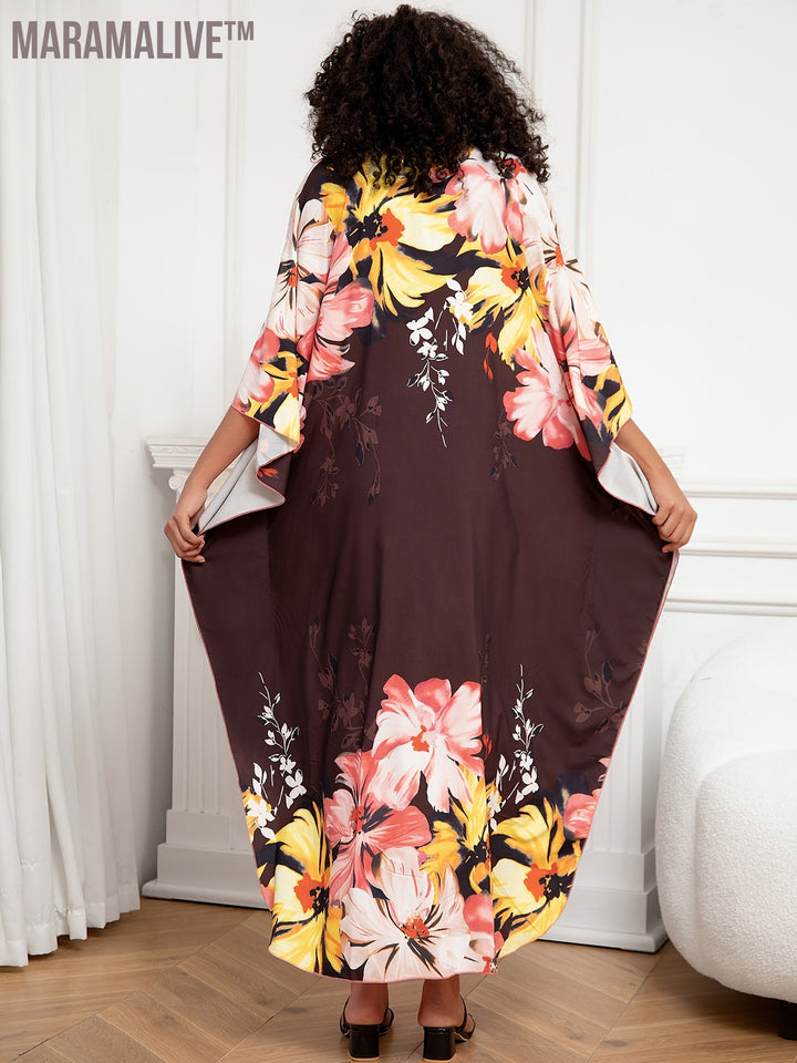 Plus Size Floral Print Dress, Casual V Neck Batwing Sleeve Dress, Women's Plus Size Clothing For Ramadan