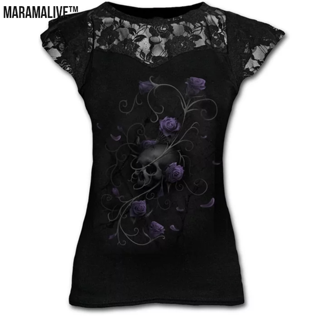 Plus Size Goth Graphic Lace T Shirts For Women Gothic