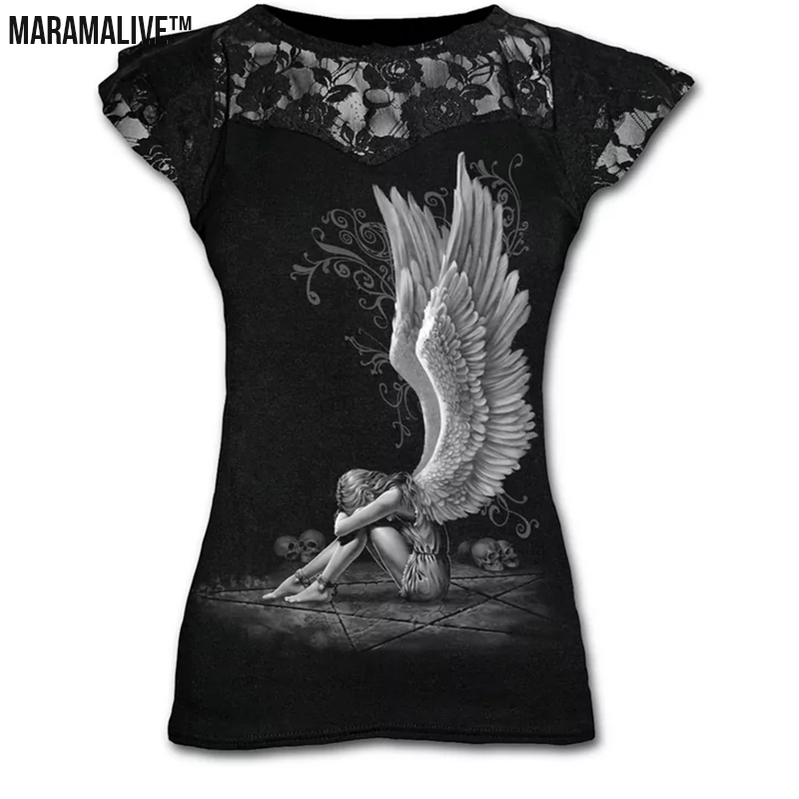 Plus Size Goth Graphic Lace T Shirts For Women Gothic