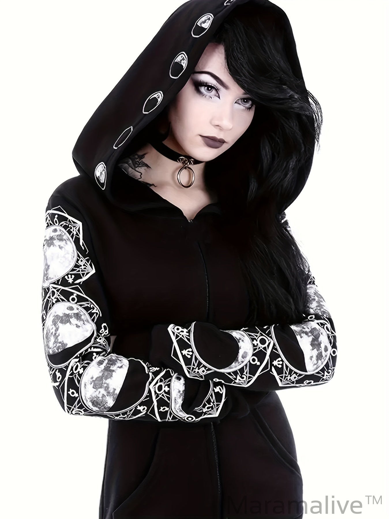 Plus Size Gothic Sweatshirt, Women's Plus Moon Print Long Sleeve Zipper Slight Stretch Hoodie With Pockets