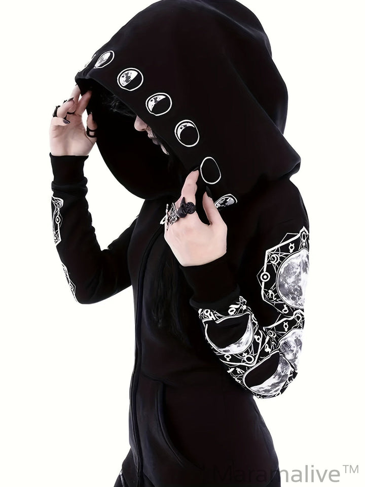 Plus Size Gothic Sweatshirt, Women's Plus Moon Print Long Sleeve Zipper Slight Stretch Hoodie With Pockets