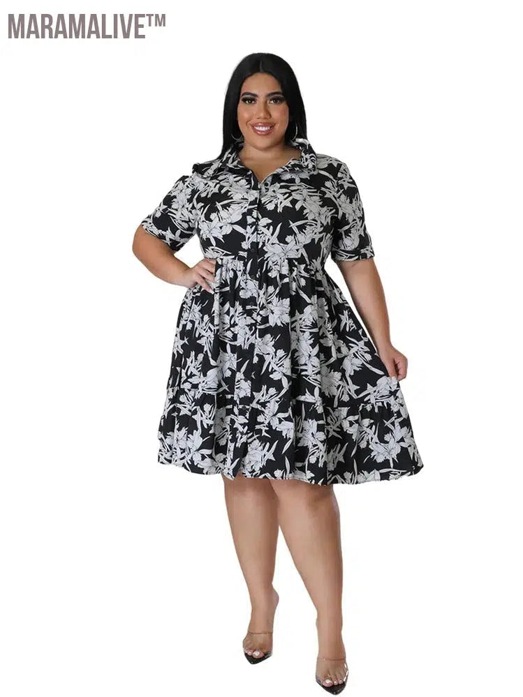 Plus Size Midi Dress Women Floral Print Female A Line Elegant Spring Summer Short sleeve Dress Casual Party Dresses