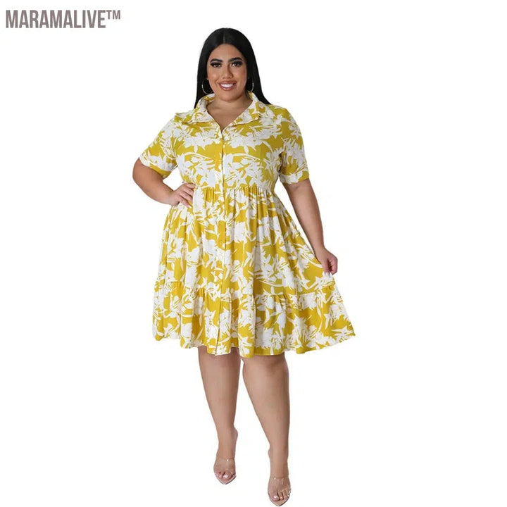 Plus Size Midi Dress Women Floral Print Female A Line Elegant Spring Summer Short sleeve Dress Casual Party Dresses