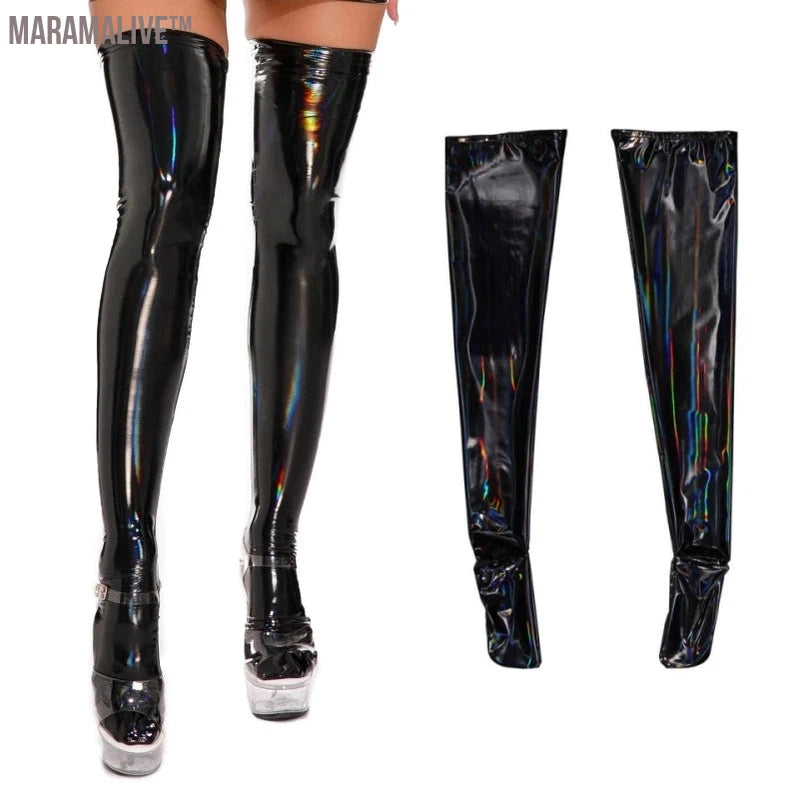 Plus Size Mirror Shiny Thigh High Stockings Gothic Punk PVC Wetlook Hosiery Women Sexy Lingerie Faux Leather Pole Dance Clubwear