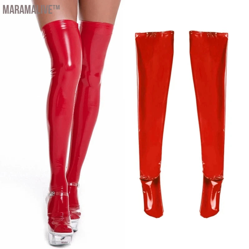 Plus Size Mirror Shiny Thigh High Stockings Gothic Punk PVC Wetlook Hosiery Women Sexy Lingerie Faux Leather Pole Dance Clubwear