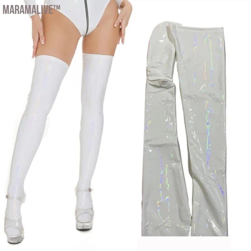 Plus Size Mirror Shiny Thigh High Stockings Gothic Punk PVC Wetlook Hosiery Women Sexy Lingerie Faux Leather Pole Dance Clubwear