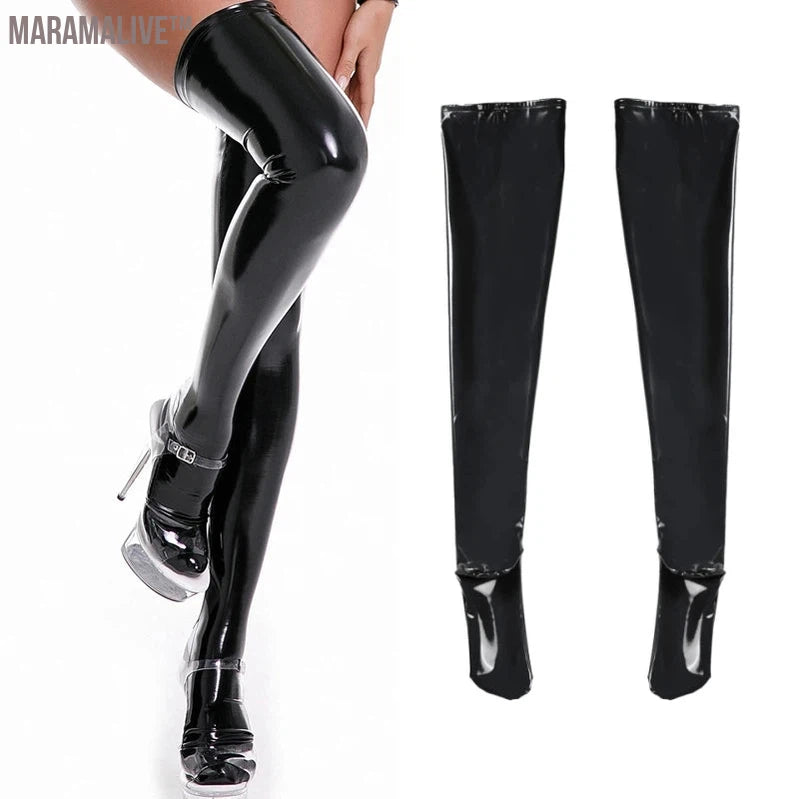 Plus Size Mirror Shiny Thigh High Stockings Gothic Punk PVC Wetlook Hosiery Women Sexy Lingerie Faux Leather Pole Dance Clubwear