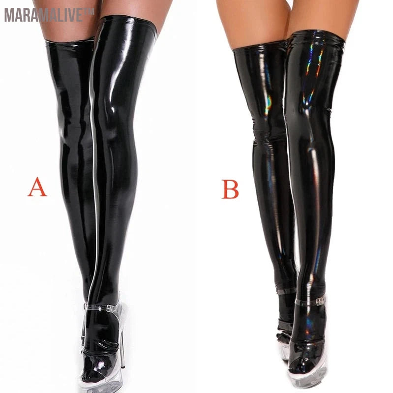 Plus Size Mirror Shiny Thigh High Stockings Gothic Punk PVC Wetlook Hosiery Women Sexy Lingerie Faux Leather Pole Dance Clubwear