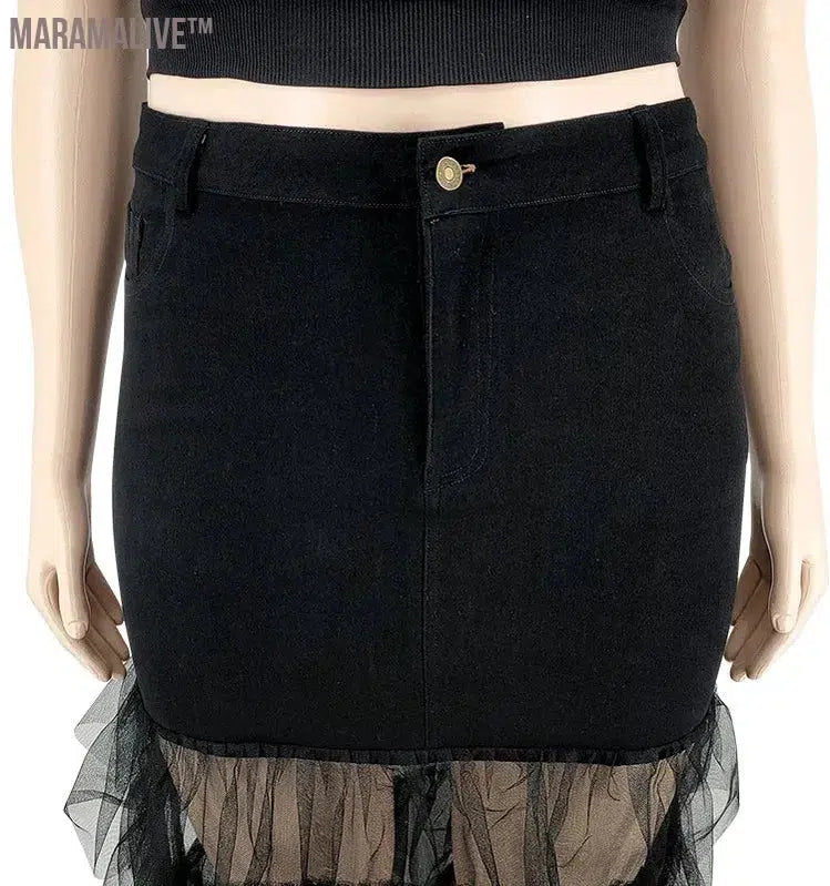 Plus Size Only Skirts Women's Clothing Denim Maxi With Mesh Patchwork Sexy Medium Stretch