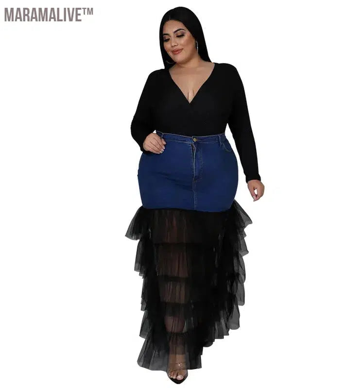 Plus Size Only Skirts Women's Clothing Denim Maxi With Mesh Patchwork Sexy Medium Stretch