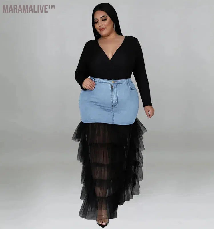 Plus Size Only Skirts Women's Clothing Denim Maxi With Mesh Patchwork Sexy Medium Stretch