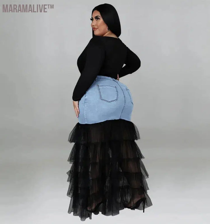 Plus Size Only Skirts Women's Clothing Denim Maxi With Mesh Patchwork Sexy Medium Stretch