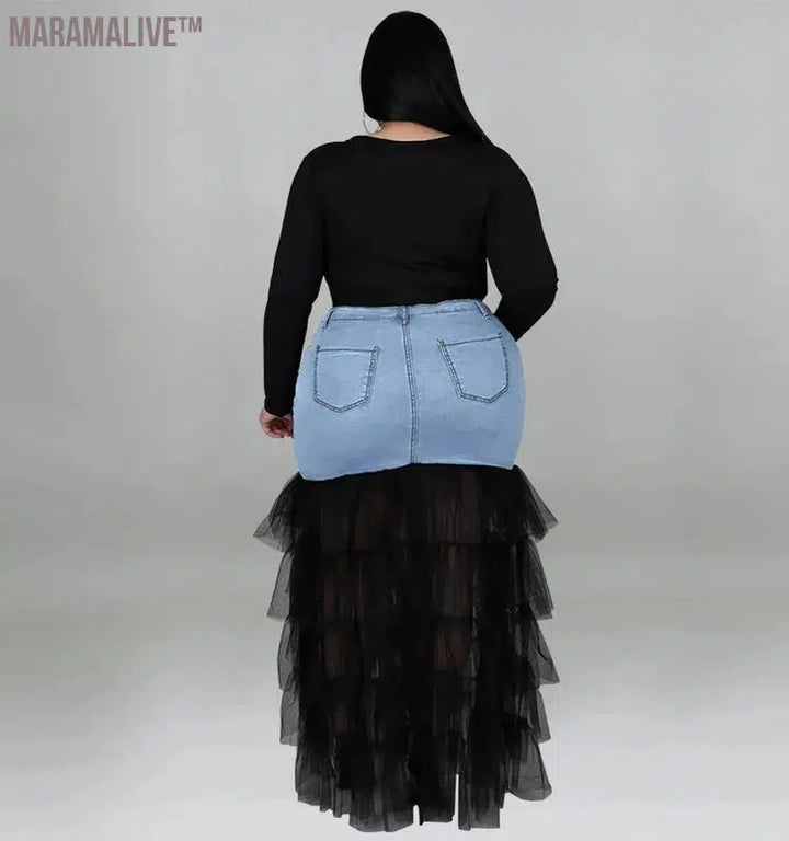 Plus Size Only Skirts Women's Clothing Denim Maxi With Mesh Patchwork Sexy Medium Stretch