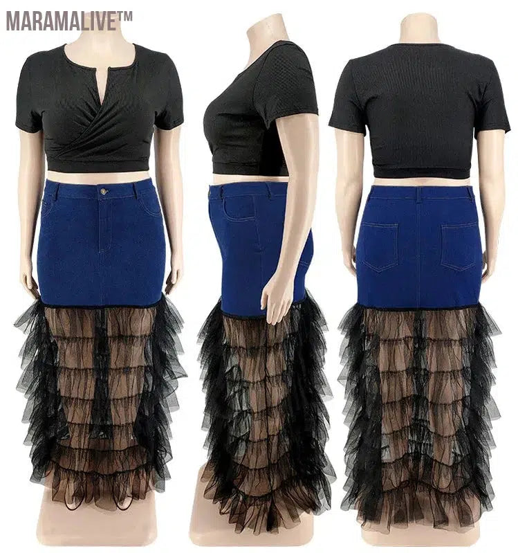 Plus Size Only Skirts Women's Clothing Denim Maxi With Mesh Patchwork Sexy Medium Stretch